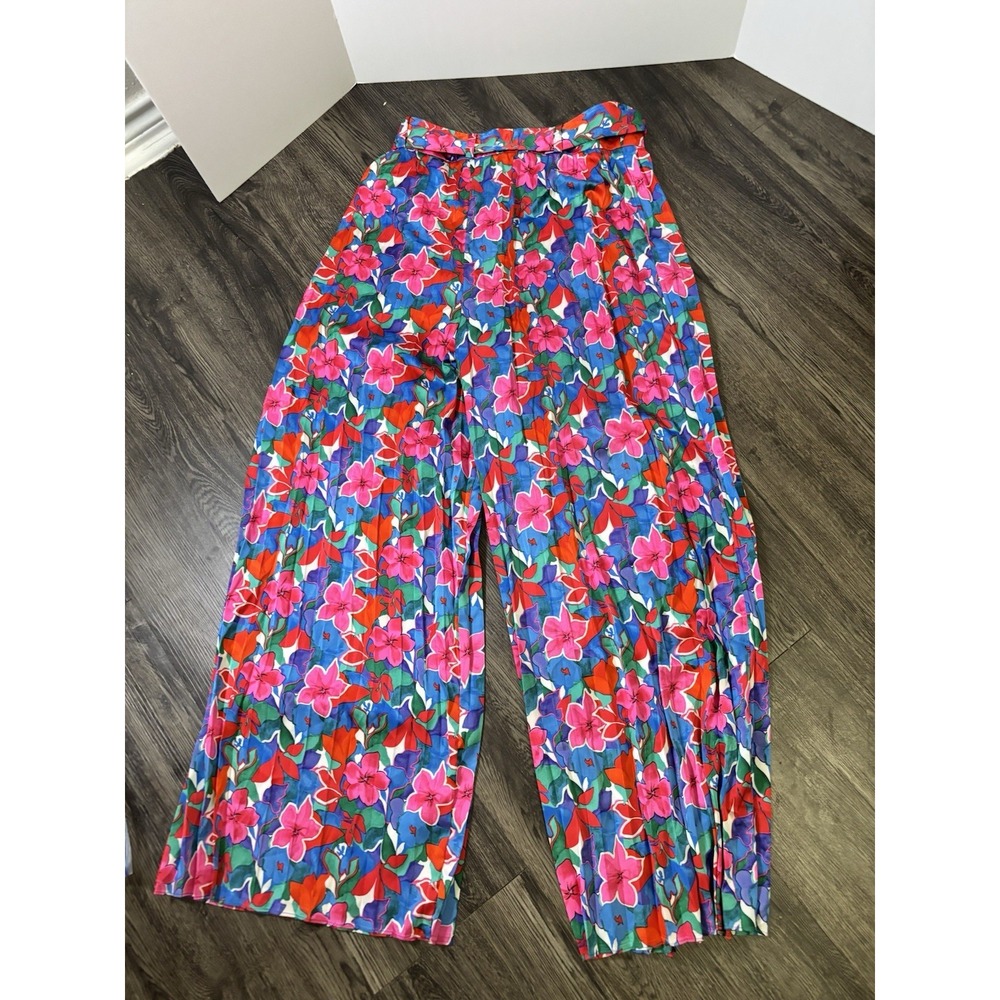 NY&C New York & Company Floral Pleated Wide Leg Pants Womens Size L Belted